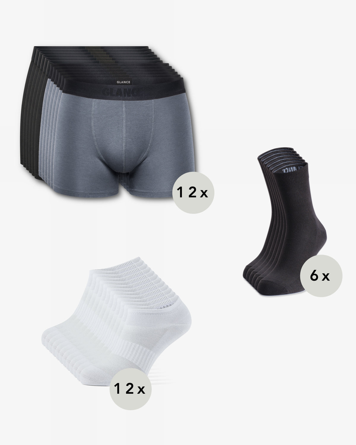 Set: 12 Bambus Boxershorts Schwarz und Grau, 6 Paar Kurzsocken, 12 Paar Sneakersocken