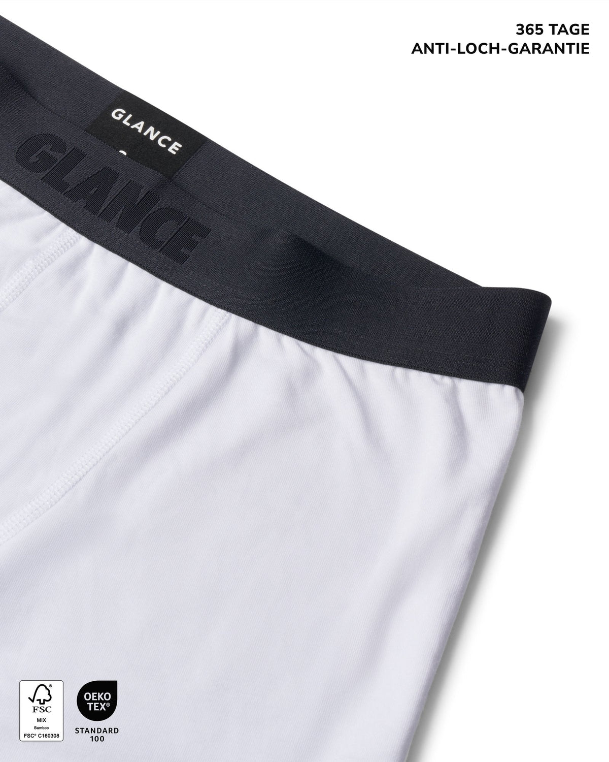 Weiße Bambus-Boxershorts, Bund und Stoff im Detail, 365 Tage Anti-Loch-Garantie