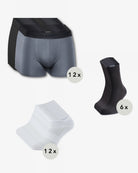 Set: 12 Bambus Boxershorts Schwarz und Grau, 6 Paar Kurzsocken, 12 Paar Sneakersocken